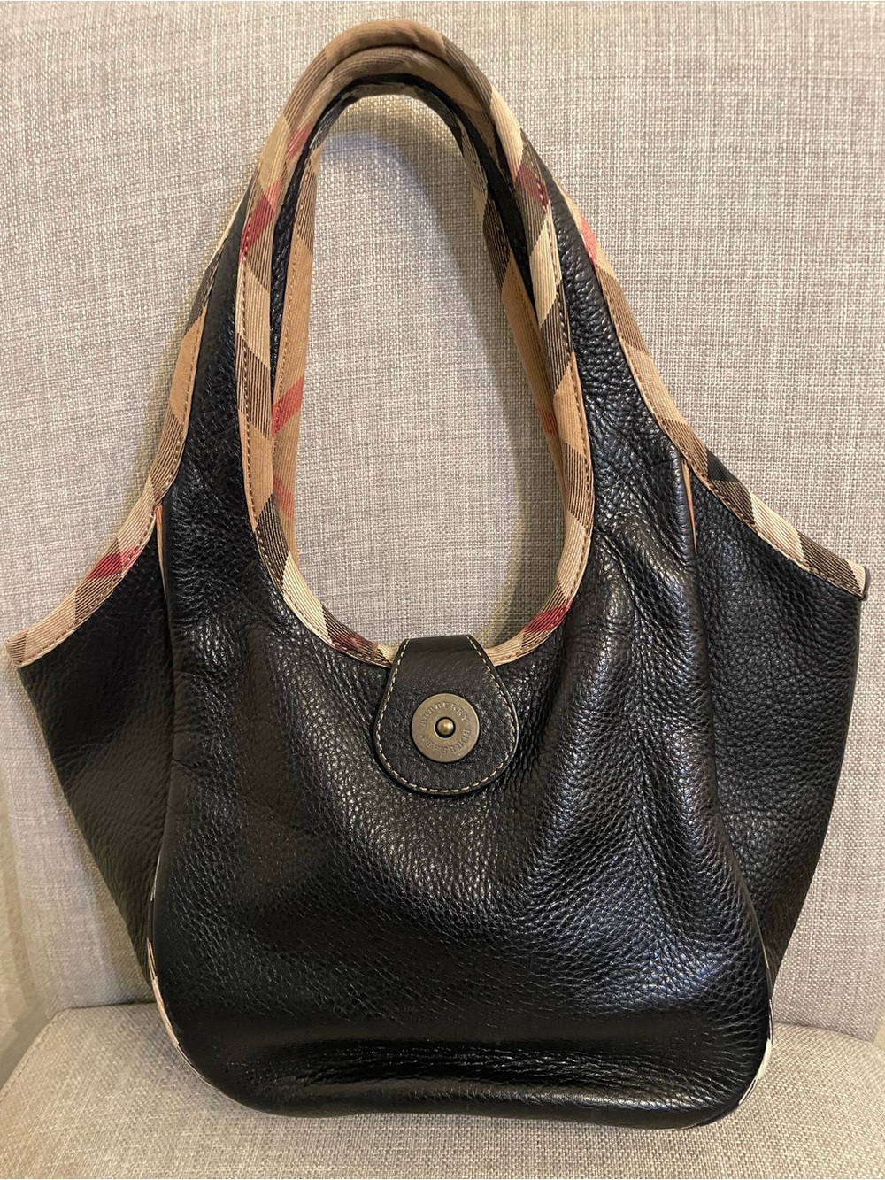 Burberry Black Leather Small Tote Bag with Patterned Trim